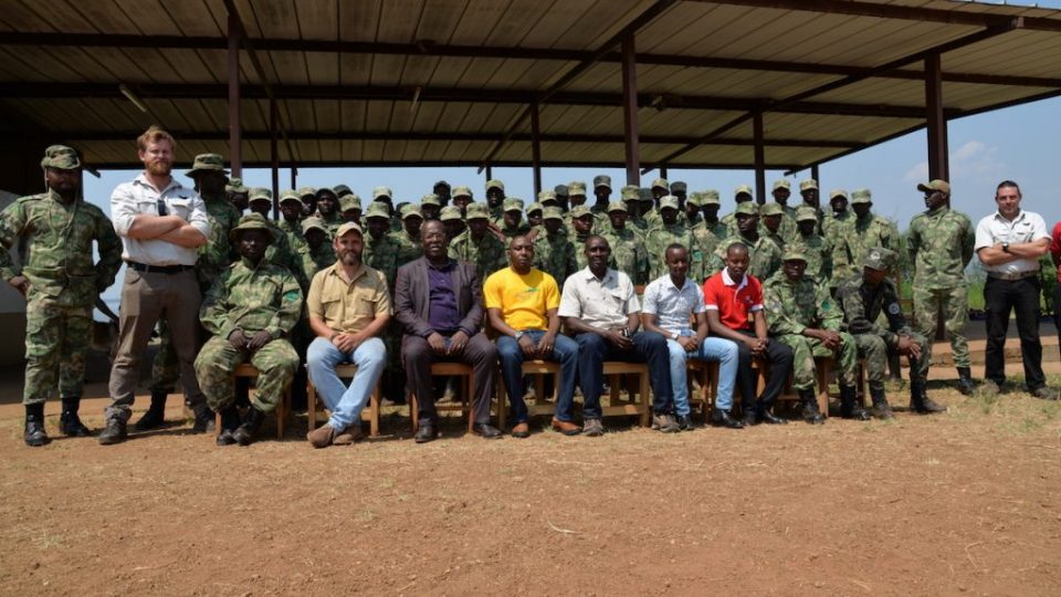 RDB’s Ngoga, Akagera Park Manager and Jes Gruner (center from left) pose for a group photo with the new rangers after the ceremony today