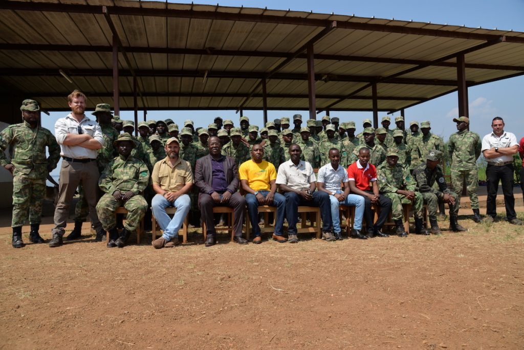 RDB’s Ngoga, Akagera Park Manager and Jes Gruner (center from left) pose for a group photo with the new rangers after the ceremony today