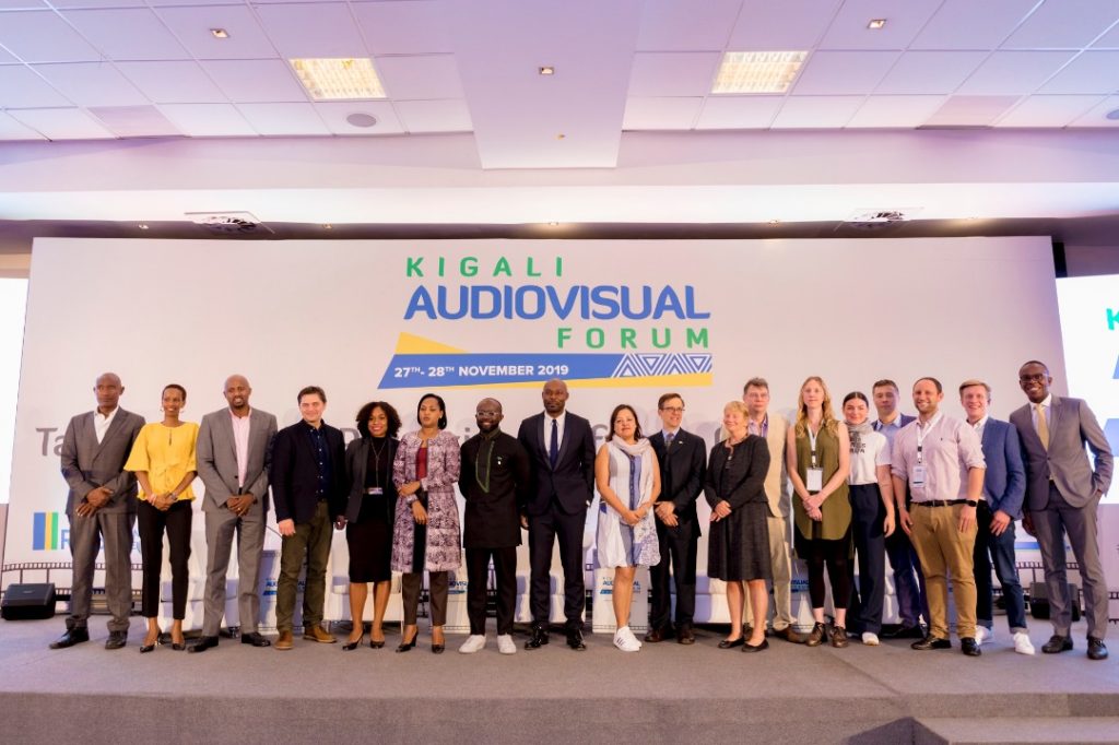 Key note speakers and panelists at this year’s Kigali Audio-Visual Forum pose for a group photo today