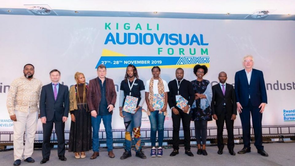 This year’s Kigali Audio Visual Forum Organisers pose for a group photo with film makers whose pitches won them prizes