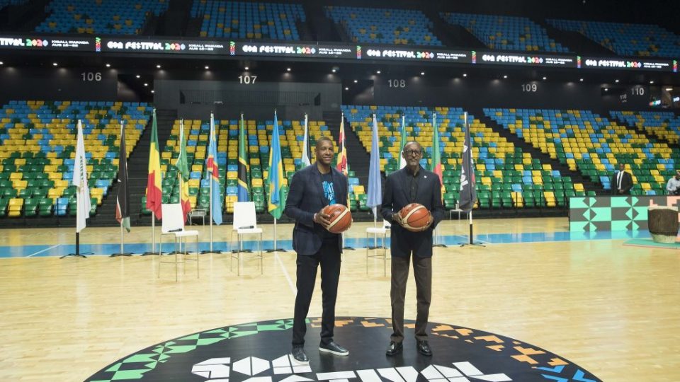 Masai Ujiri, co-founder of Giants of Africa (L) and H.E President Paul Kagame (R) at the launch of the festival in Kigali in February this year